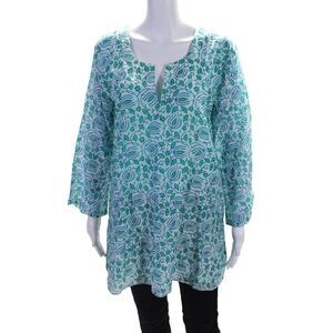 Sulu Collection Womens Cotton Silk Floral Print Zipped Tunic Blouse Blue Size 12